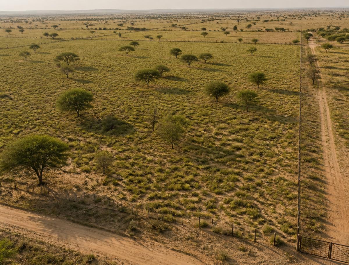 Wide open grazing ranch land with scattered acacia trees near Bahawalpur